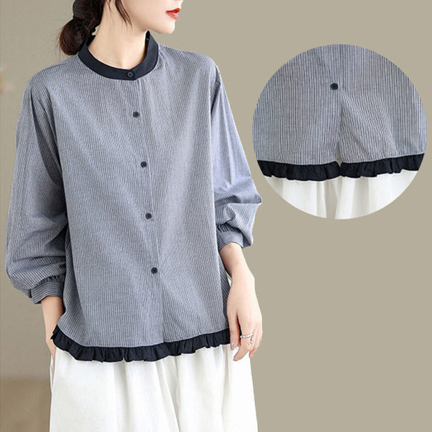 Buddha Stones Fall Plaid Striped Pattern Ruffled Hem Buttons Women's Cotton Long Sleeve Shirt - image 15