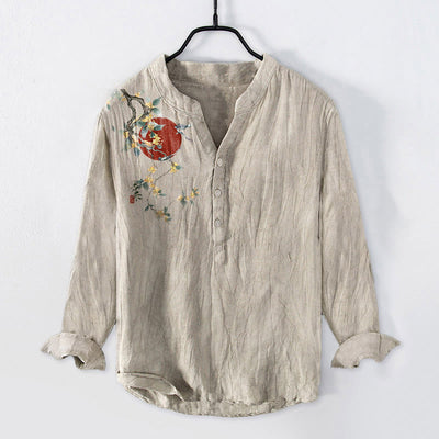 Buddha Stones Osmanthus Red Sun Pattern Half Buttons Men's Cotton Linen Long Sleeve Shirt - Linen - US/UK/AU50，EU60 (5XL) - image 0