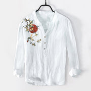 Buddha Stones Osmanthus Red Sun Pattern Half Buttons Men's Cotton Linen Long Sleeve Shirt - White - US/UK/AU50，EU60 (5XL) - image 6