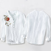 Buddha Stones Osmanthus Red Sun Pattern Half Buttons Men's Cotton Linen Long Sleeve Shirt - image 8