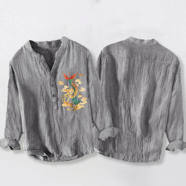 Buddha Stones Bright Phoenix Cloud Pattern Half Buttons Men's Cotton Linen Long Sleeve Shirt - image 2