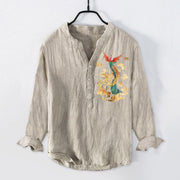 Buddha Stones Bright Phoenix Cloud Pattern Half Buttons Men's Cotton Linen Long Sleeve Shirt - Linen - US/UK/AU50，EU60 (5XL) - image 3