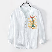 Buddha Stones Bright Phoenix Cloud Pattern Half Buttons Men's Cotton Linen Long Sleeve Shirt - White - US/UK/AU50，EU60 (5XL) - image 6