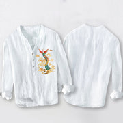 Buddha Stones Bright Phoenix Cloud Pattern Half Buttons Men's Cotton Linen Long Sleeve Shirt - image 8