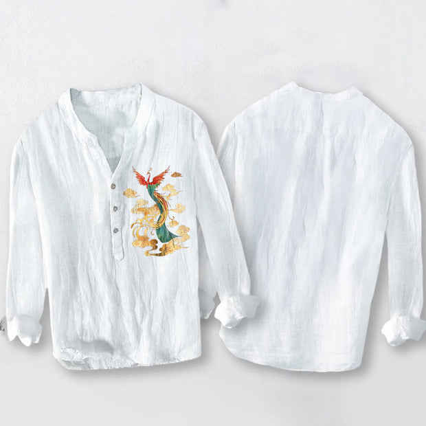 Buddha Stones Bright Phoenix Cloud Pattern Half Buttons Men's Cotton Linen Long Sleeve Shirt - image 8