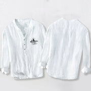 Buddha Stones Buddha Image Lotus Word Pattern Half Buttons Men's Cotton Linen Long Sleeve Shirt - image 5