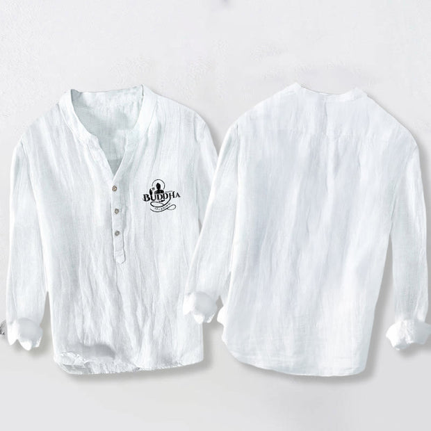 Buddha Stones Buddha Image Lotus Word Pattern Half Buttons Men's Cotton Linen Long Sleeve Shirt - image 5