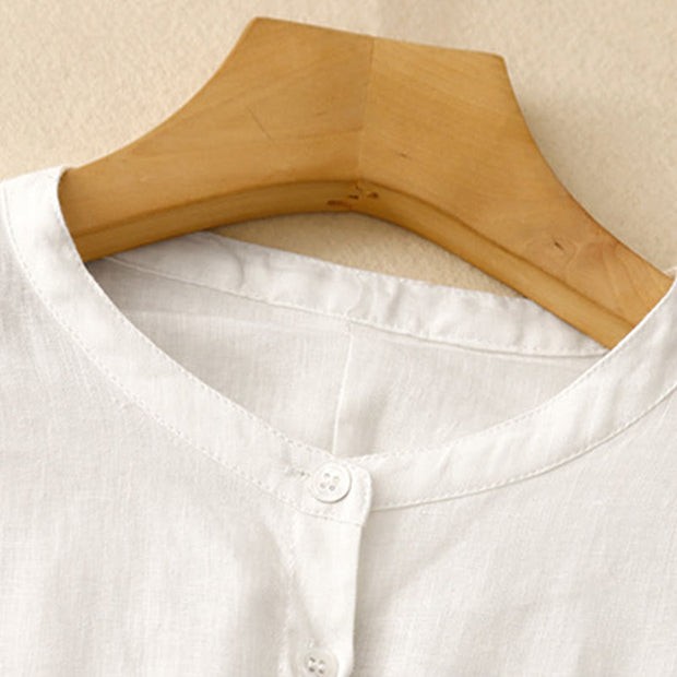 Buddha Stones Solid Color Crew Neck Buttons Design Women's Cotton Long Sleeve Shirt - image 10