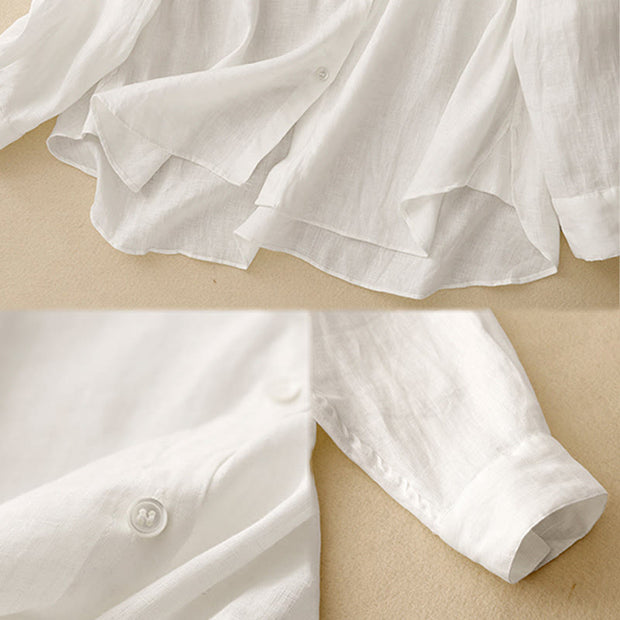 Buddha Stones Solid Color Crew Neck Buttons Design Women's Cotton Long Sleeve Shirt - image 15