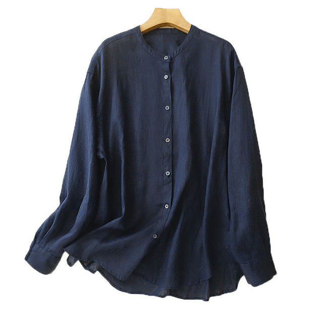 Buddha Stones Solid Color Crew Neck Buttons Design Women's Cotton Long Sleeve Shirt - image 6