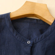 Buddha Stones Solid Color Crew Neck Buttons Design Women's Cotton Long Sleeve Shirt - image 1