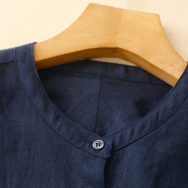 Buddha Stones Solid Color Crew Neck Buttons Design Women's Cotton Long Sleeve Shirt - image 1