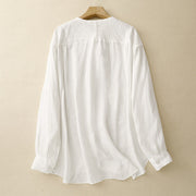 Buddha Stones Solid Color Crew Neck Buttons Design Women's Cotton Long Sleeve Shirt - image 8