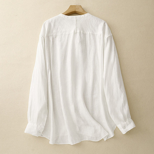 Buddha Stones Solid Color Crew Neck Buttons Design Women's Cotton Long Sleeve Shirt - image 8