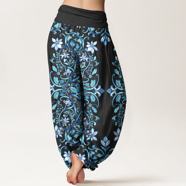 Buddha Stones Cotton Symmetrical Flower Vines Leaves Pattern Women's Elastic Waist Harem Pants - image 1
