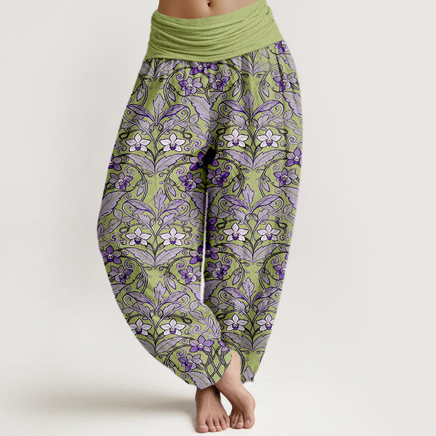 Buddha Stones Cotton Star Shaped Flowers Leaves Pattern Women's Elastic Waist Harem Pants - YellowGreen - US16，UK/AU20，EU48 (3XL) - image 0