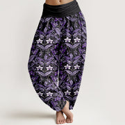 Buddha Stones Cotton Star Shaped Flowers Leaves Pattern Women's Elastic Waist Harem Pants - Black - US16，UK/AU20，EU48 (3XL) - image 8