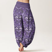 Buddha Stones Cotton Star Shaped Flowers Leaves Pattern Women's Elastic Waist Harem Pants - image 12