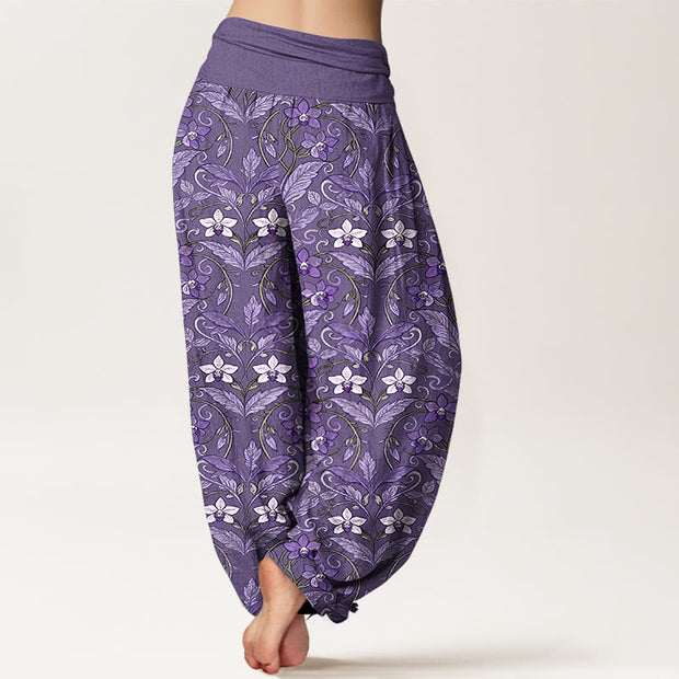 Buddha Stones Cotton Star Shaped Flowers Leaves Pattern Women's Elastic Waist Harem Pants - image 12