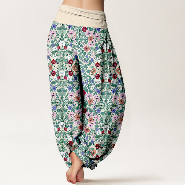 Buddha Stones Cotton Softly Colored Flower Leaf Pattern Women's Elastic Waist Harem Pants - image 1