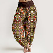 Buddha Stones Cotton Softly Colored Flower Leaf Pattern Women's Elastic Waist Harem Pants - SaddleBrown - US16，UK/AU20，EU48 (3XL) - image 5