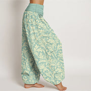 Buddha Stones Cotton Flowers Buds Serrated Leaves Pattern Women's Elastic Waist Harem Pants - image 2