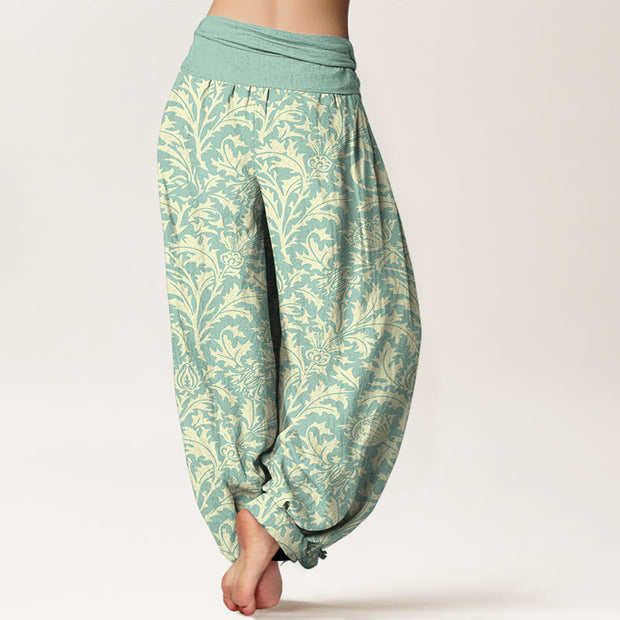 Buddha Stones Cotton Flowers Buds Serrated Leaves Pattern Women's Elastic Waist Harem Pants - image 1