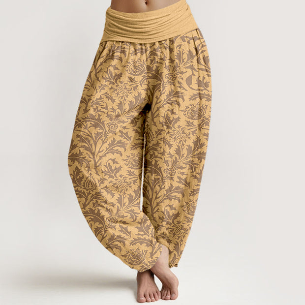 Buddha Stones Cotton Flowers Buds Serrated Leaves Pattern Women's Elastic Waist Harem Pants - SandyBrown - US16，UK/AU20，EU48 (3XL) - image 5