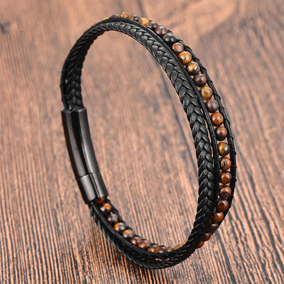 Buddha Stones Tiger Eye Titanium Steel Protection Strengthen Leather Bracelet - Tiger Eye(Wrist Circumference: 18-19cm) - image 0
