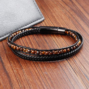 Buddha Stones Tiger Eye Titanium Steel Protection Strengthen Leather Bracelet - image 1