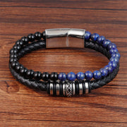 Buddha Stones Black Onyx Lazurite Titanium Steel Fortune Calm Leather Bracelet - Black Onyx Lazurite(Wrist Circumference: 18-19cm) - image 0