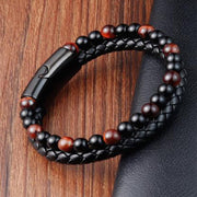 Buddha Stones Black Onyx Tiger Eye Titanium Steel Leather Protection Bracelet - Red Tiger Eye(Wrist Circumference: 18-19cm) - image 0