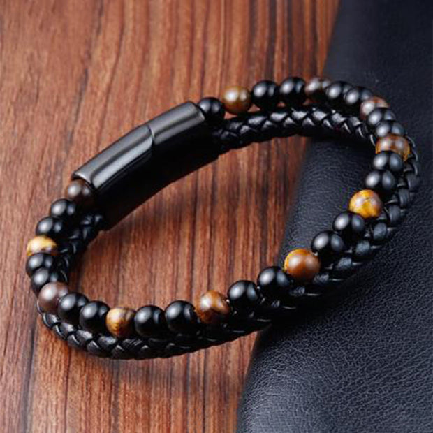 Buddha Stones Black Onyx Tiger Eye Titanium Steel Leather Protection Bracelet - Yellow Tiger Eye(Wrist Circumference: 18-19cm) - image 7