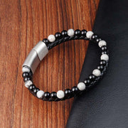 Buddha Stones Black Onyx Grey Jasper Titanium Steel Stability Leather Bracelet - image 3