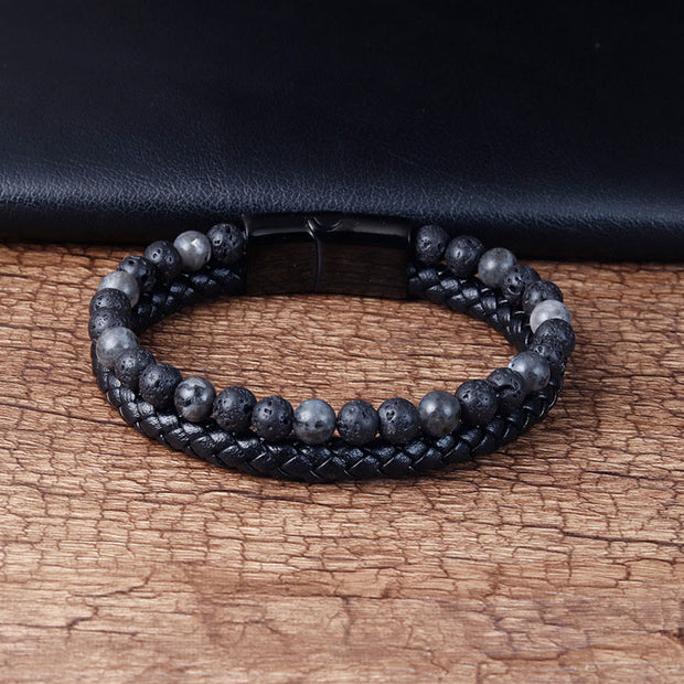 Buddha Stones Lava Rock Titanium Steel Calm Leather Bracelet - image 3