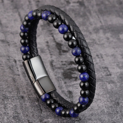 Buddha Stones Black Onyx Lazurite Titanium Steel Positive Self Care Leather Bracelet - Black Onyx Lazurite(Wrist Circumference: 18-19cm) - image 0