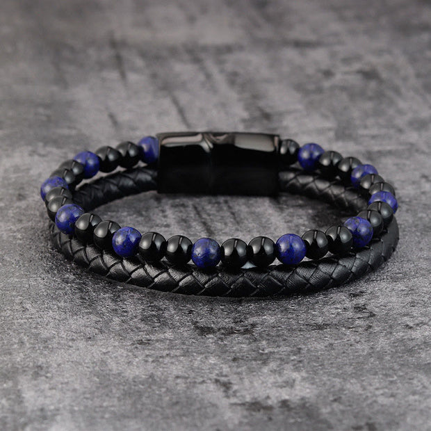 Buddha Stones Black Onyx Lazurite Titanium Steel Positive Self Care Leather Bracelet - image 1