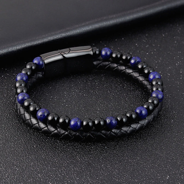 Buddha Stones Black Onyx Lazurite Titanium Steel Positive Self Care Leather Bracelet - image 3
