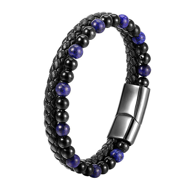 Buddha Stones Black Onyx Lazurite Titanium Steel Positive Self Care Leather Bracelet - image 12