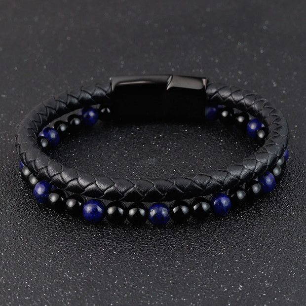 Buddha Stones Black Onyx Lazurite Titanium Steel Positive Self Care Leather Bracelet - image 10