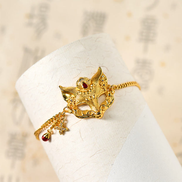 Buddha Stones 24k Gold Plated Brass Fox Mask Charm Tassel Chain Bracelet - image 4