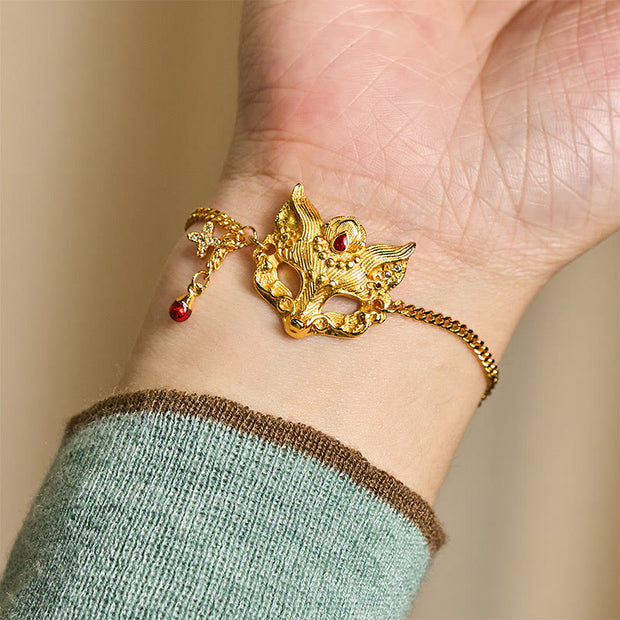 Buddha Stones 24k Gold Plated Brass Fox Mask Charm Tassel Chain Bracelet - image 7