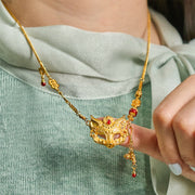 Buddha Stone 24k Gold Plated Brass Fox Design Tassel Pendant Necklace - image 5