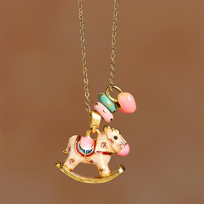 Buddha Stones Colorful Year Of The Horse 24k Gold Plated Copper Necklace Pendant - Rocking Horse - image 0