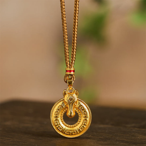 Buddha Stones Year Of The Horse Peace Buckle Fu Character Gold Plated Copper Energy Necklace Pendant - image 4