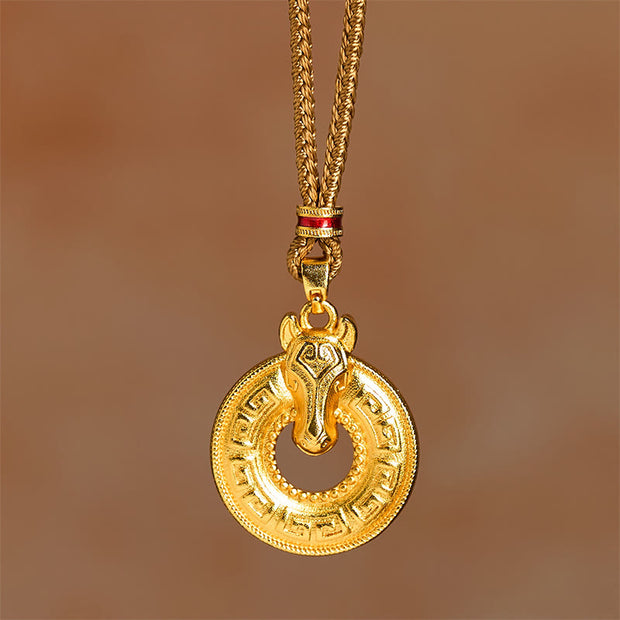 Buddha Stones Year Of The Horse Peace Buckle Fu Character Gold Plated Copper Energy Necklace Pendant - image 5