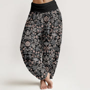 Buddha Stones Pure Cotton Complicated Flower Leaves Vine Pattern Women's Elastic Waist Harem Pants - Black - US16，UK/AU20，EU48 (3XL) - image 0