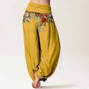 Buddha Stones Pure Cotton Colourful Flower Leaves Patterns Women's Elastic Waist Harem Pants - image 1