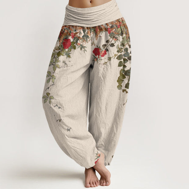 Buddha Stones Pure Cotton Colourful Flower Leaves Patterns Women's Elastic Waist Harem Pants - Beige - US16，UK/AU20，EU48 (3XL) - image 8