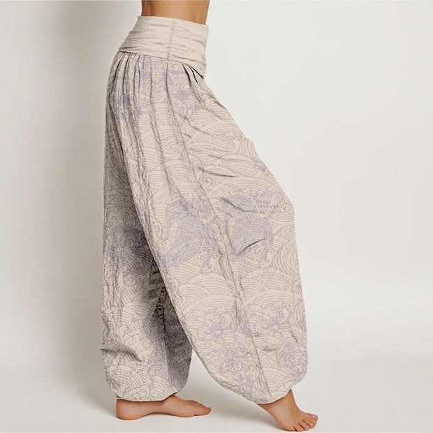 Buddha Stones Pure Cotton Exquisite Koi Fish Flowers Patterns Women's Elastic Waist Harem Pants - image 9